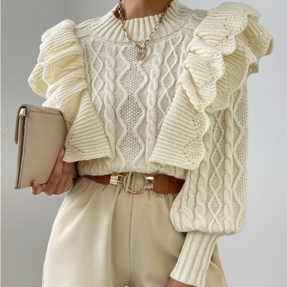 SHEIN cable knit ruffle trim lantern sleeve sweater - Picture 4 of 10